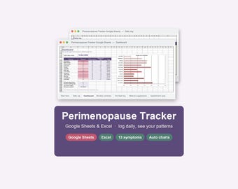 Può includere: Un modello di foglio di calcolo digitale Perimenopause Tracker per Google Sheets ed Excel. L'interfaccia mostra una dashboard con registri dei sintomi, tabelle di dati e grafici a barre. Il testo include Perimenopause Tracker, Google Sheets, Excel, 13 symptoms e Auto charts.