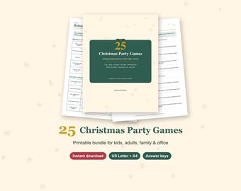 Può includere: Un pacchetto stampabile di 25 giochi per feste di Natale con una copertina color crema, un rettangolo verde scuro, testo dorato 25 Christmas Party Games e un elenco di tipi di gioco. Include opzioni di formato US Letter e A4.