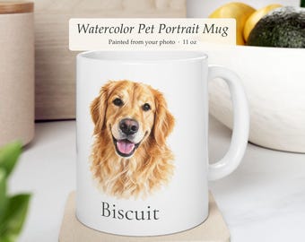 Custom Pet Portrait Mug from Your Photo, Watercolor Dog or Cat Painting with Name, Personalized 11 oz Coffee Mug, Pet Lover Gift