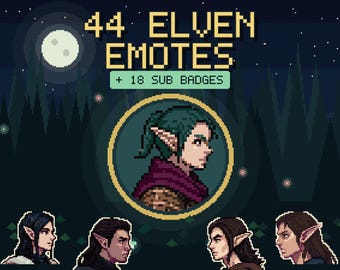 Può includere: Una collezione di pixel art digitale con 44 emote elfiche e 18 badge per abbonati. Il grafico centrale mostra il profilo di un elfo con capelli verdi e mantello viola all'interno di un cerchio dorato su uno sfondo di foresta notturna.