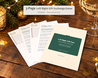 Può includere: Un gioco di scambio regali Left Right di 3 pagine stampabili con una storia da leggere ad alta voce. I fogli bianchi includono istruzioni e una copertina verde scuro con il testo Left Right Gift Pass, A Read-Aloud Christmas Gift Exchange Game.