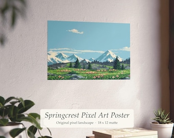Può includere: Un poster in pixel art raffigurante un paesaggio con montagne innevate, un prato verde con fiori rosa e alberi sempreverdi sotto un cielo azzurro. Il testo recita: Springcrest Pixel Art Poster, Original pixel landscape, 45,7 x 30,5 cm matte.