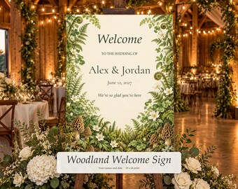 Può includere: Un cartello di benvenuto rettangolare su cavalletto con sfondo color crema e illustrazioni botaniche verdi di felci, fiori bianchi e spugnole. Il testo recita: Welcome TO THE WEDDING OF Alex & Jordan June 12, 2027 We're so glad you're here.