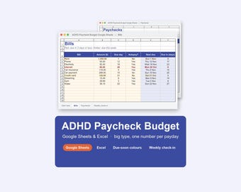 Può includere: Un modello di foglio di calcolo digitale intitolato ADHD Paycheck Budget per Google Sheets ed Excel. L'interfaccia mostra una tabella per il monitoraggio di bollette, importi, date di scadenza e stato del pagamento automatico.