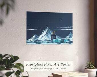 Pixel Art Ice Mountain Landscape Poster, Frostglass Print, 18x12 Matte Wall Art, Retro Video Game Room Decor, Cozy Gamer Gift