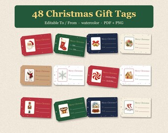 48 etichette regalo di Natale stampabili, modificabili, con indicazione "Da/A", etichette regalo natalizie ad acquerello, etichette natalizie carine, in formato PDF e PNG.