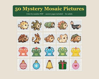 50 pagine da colorare con i numeri a mosaico misterioso per adulti, puzzle in pixel art con soluzioni, creature carine e rane, PDF stampabile