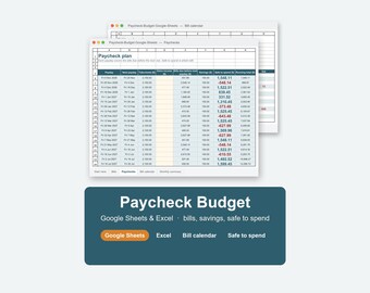 Può includere: Un modello di foglio di calcolo digitale per un budget di stipendio visualizzato su uno schermo di computer. L'interfaccia include colonne per giorni di paga, reddito netto, entrate extra, bollette e risparmi.