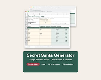 Può includere: Un foglio di calcolo digitale per generare Secret Santa visualizzato in due finestre sovrapposte. L'interfaccia presenta colonne per nomi, destinatari e stati. Sotto, un banner verde scuro riporta Secret Santa Generator, Google Sheets & Excel, draw names in seconds, con etichette per Google Sheets, Excel, Up to 30 people e Private lookup.