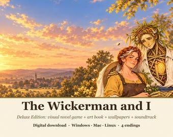 Può includere: The Wickerman and I Deluxe Edition download digitale per Windows, Mac e Linux. La copertina raffigura una persona dai capelli rossi e una persona fatta di vimini intrecciato con un petto a nido d'ape, su un paesaggio al tramonto.
