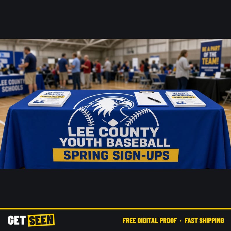 Custom Logo Tablecloth, 6ft 8ft Printed Table Throw for Vendor Booth and Trade Show Table Cover image 1
