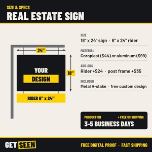 May include: A real estate sign specification graphic featuring a black rectangular sign with a 24-inch width and 18-inch height, including a 6-inch by 24-inch rider, metal H-stake, and text detailing material options and production times.