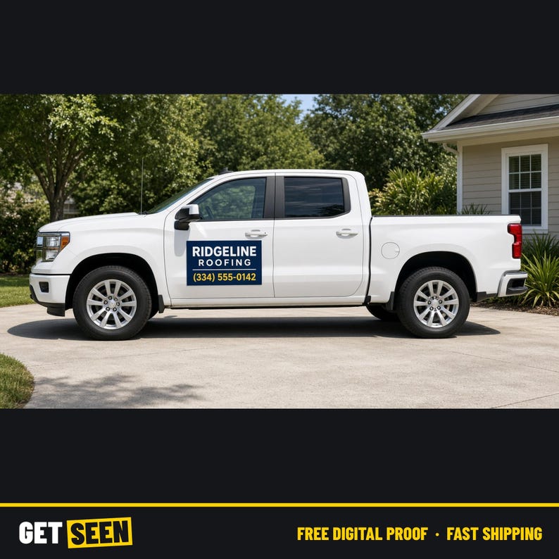 May include: A white pickup truck featuring a rectangular magnetic sign on the driver side door. The sign is dark blue with white text that reads RIDGELINE ROOFING and the phone number (334) 555-0142 in yellow and white.
