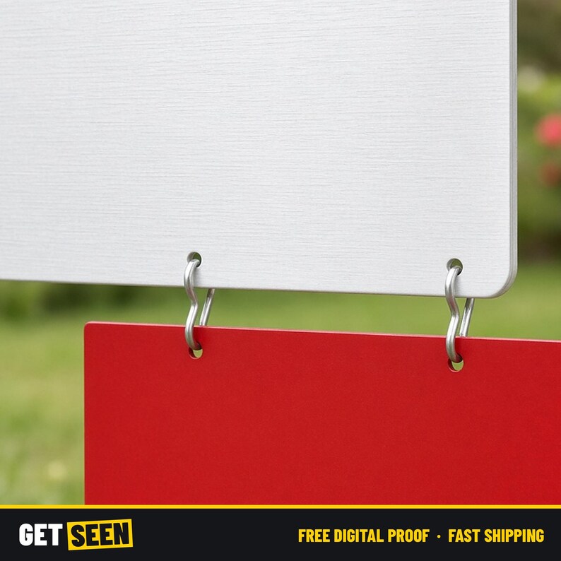 May include: A rectangular white sign panel suspended above a smaller rectangular red sign panel. The two panels are connected by two silver metal S-hooks inserted through pre-drilled holes in the top and bottom edges of the signs.