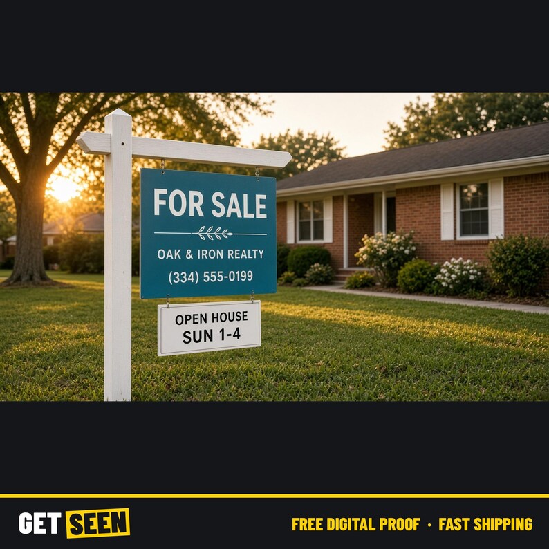 May include: A teal rectangular real estate sign mounted on a white post. The sign features white text reading FOR SALE, OAK & IRON REALTY, and (334) 555-0199. A smaller white sign below reads OPEN HOUSE SUN 1-4 with a decorative leaf graphic.