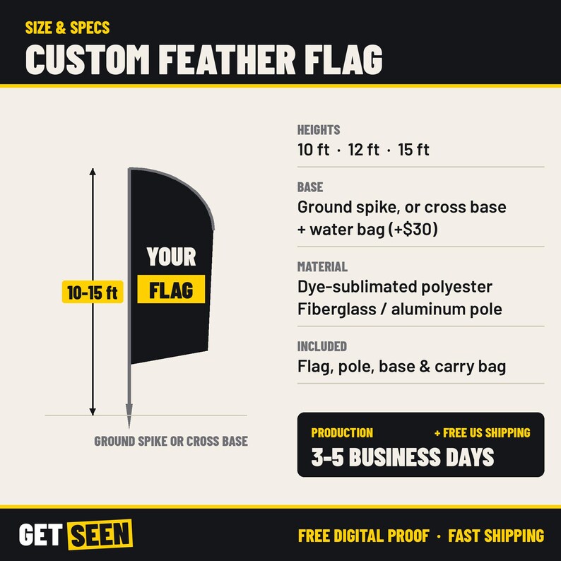 May include: A custom feather flag graphic with text reading SIZE & SPECS, CUSTOM FEATHER FLAG, YOUR FLAG, and 10-15 ft. It lists heights of 10 ft, 12 ft, and 15 ft, base options, dye-sublimated polyester material, and included components.
