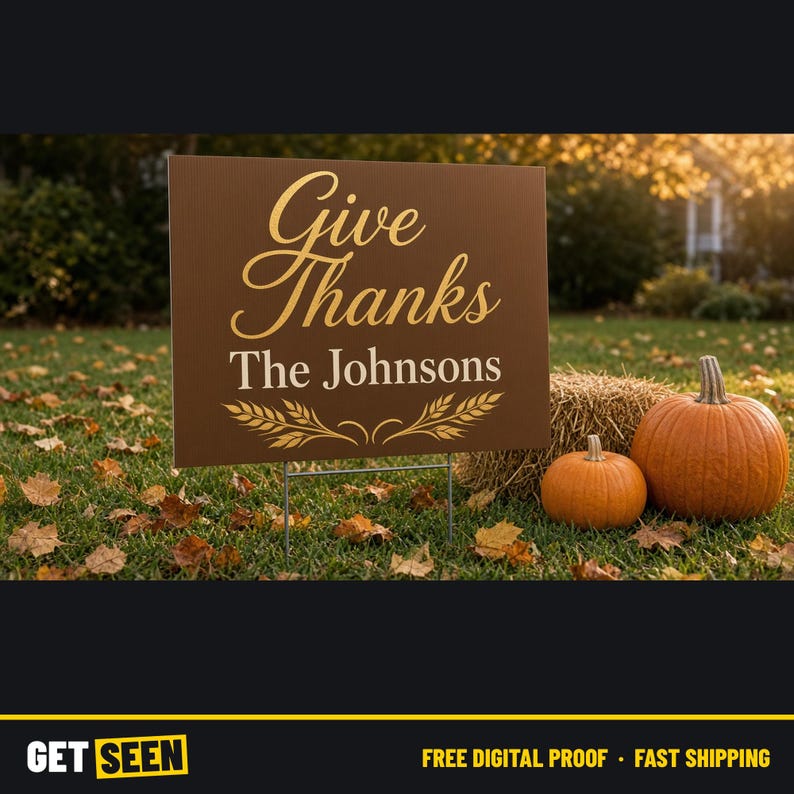Personalized Thanksgiving Yard Sign with Stake, Family Name Give Thanks Lawn Sign, 18x24 Fall Decor image 1