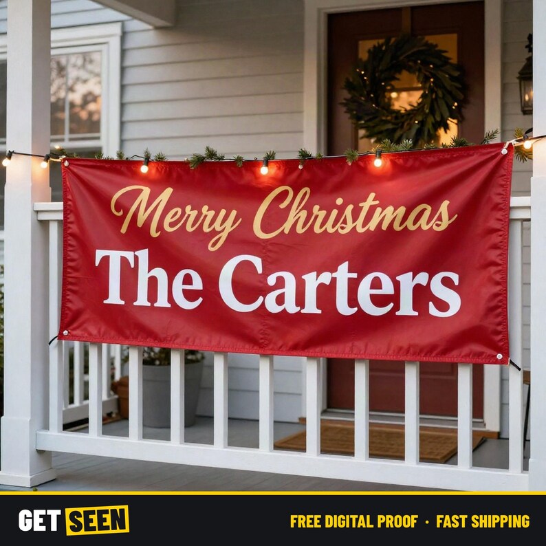 May include: A rectangular red banner featuring the gold cursive text Merry Christmas and the white block text The Carters. The banner is hung on a white porch railing with a string of small lights attached along the top edge.