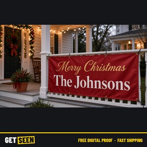 Personalized Christmas Banner, Family Name Merry Christmas Porch Banner, Outdoor Vinyl Garage Sign