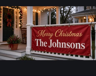 Personalized Christmas Banner, Family Name Merry Christmas Porch Banner, Outdoor Vinyl Garage Sign