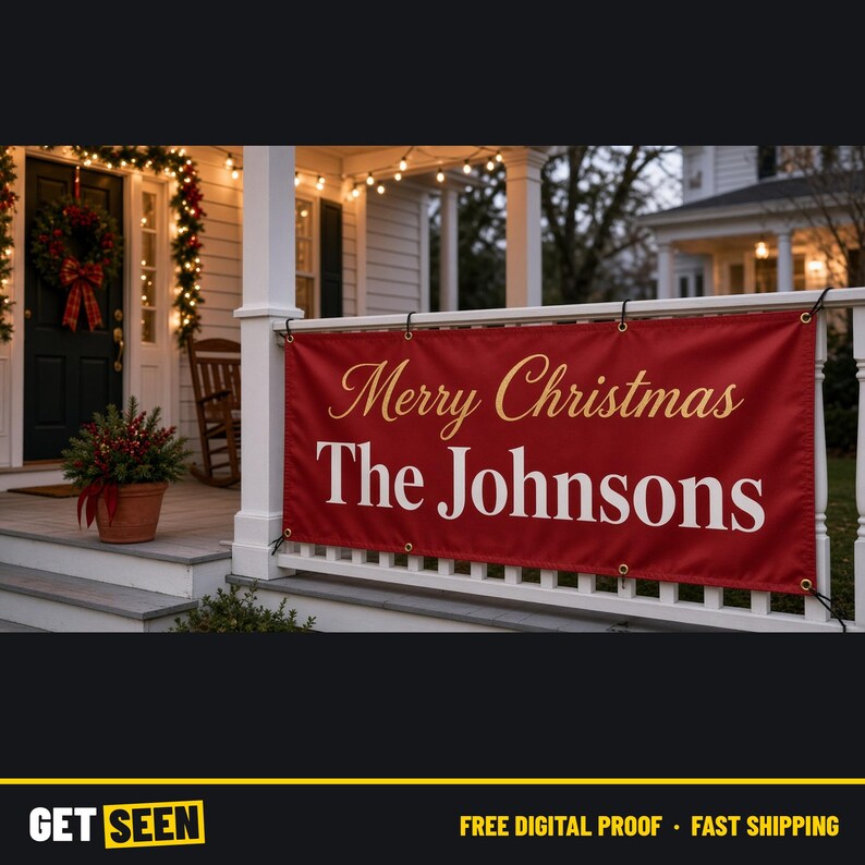 May include: A rectangular red banner with gold and white text that reads Merry Christmas The Johnsons. The banner features metal grommets along the top and bottom edges and is secured to a white porch railing with black ties.