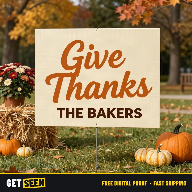 Personalized Thanksgiving Yard Sign with Stake, Family Name Give Thanks Lawn Sign, 18x24 Fall Decor image 2
