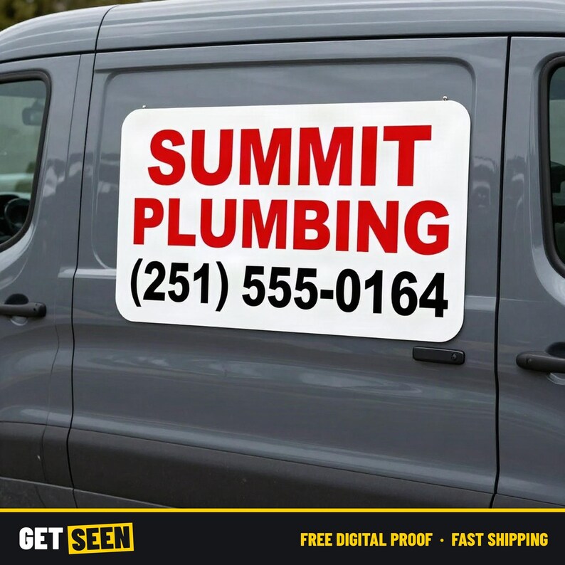 May include: A rectangular white magnetic sign attached to the side of a gray van. The sign features the text SUMMIT PLUMBING in bold red capital letters, followed by the phone number (251) 555-0164 in bold black text on a white background.