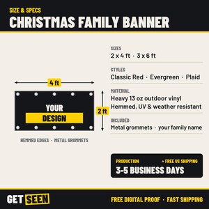 May include: A rectangular Christmas family banner with hemmed edges and metal grommets. The graphic shows a 2 ft by 4 ft layout. Text includes SIZE & SPECS, CHRISTMAS FAMILY BANNER, SIZES 2 x 4 ft, 3 x 6 ft, STYLES, MATERIAL, and YOUR DESIGN.