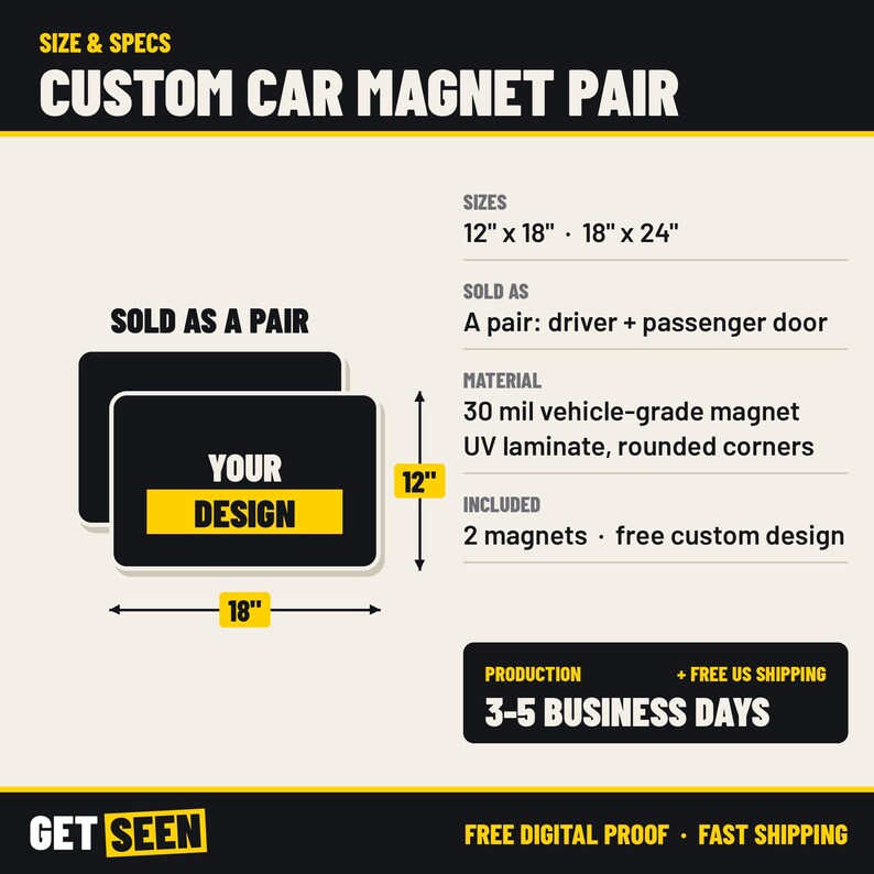 May include: A pair of rectangular black car magnets with rounded corners and a yellow center panel featuring the text YOUR DESIGN. The graphic displays dimensions of 12 inches by 18 inches and 18 inches by 24 inches for these vehicle-grade magnets.