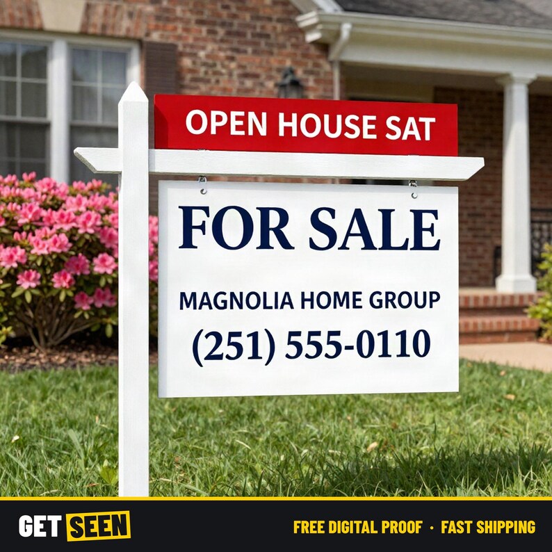 May include: A white real estate sign on a wooden post featuring the text FOR SALE, MAGNOLIA HOME GROUP, and the phone number (251) 555-0110. A red rectangular sign attached to the top displays the white text OPEN HOUSE SAT.