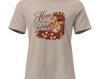 Home for the Holidays Cat Shirt, Ragdoll Christmas Tee, Cozy Christmas Cat Mom Gift, Coquette Bow Holiday Shirt, Womens Relaxed Fit Tee