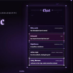 May include: An animated StreamElements Gothic Chat Widget in purple and black. The interface displays text including Gothic Chat Widget, 6 role styles, One-click install, Fully customizable, and a chat box with user messages from lilith_moth, Grimwald, NightRaven, velvet.crypt, and Lady_Morwen.