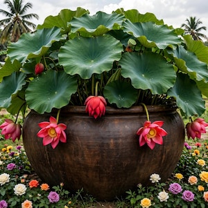 Op de afbeelding: Een grote, ronde, donkerbruine keramische pot gevuld met levendige groene lotusbladeren en verschillende bloeiende roze lotusbloemen. De basis van de pot is omringd door een kleurrijk arrangement van kleine gele, oranje, paarse en witte rozen.