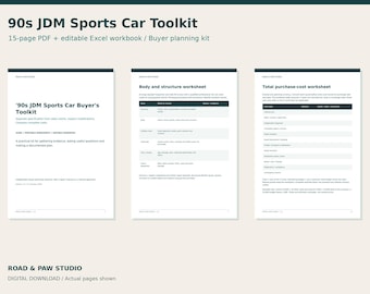 Op de afbeelding: Een 15-pagina tellende PDF en bewerkbare Excel-werkmap getiteld 90s JDM Sports Car Toolkit. Het document bevat een kopers-toolkit, een werkblad voor carrosserie en structuur, en een werkblad voor de totale aankoopkosten.