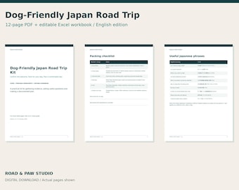 Op de afbeelding: Een digitale Dog-Friendly Japan Road Trip kit met een 12-pagina PDF en een bewerkbaar Excel-werkboek. De documentpagina's tonen een titel, een paklijst en nuttige Japanse zinnen voor het reizen met een hond.