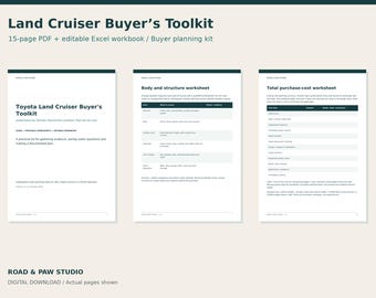 Op de afbeelding: Een Land Cruiser kopers-toolkit als digitale download met een 15-pagina PDF en bewerkbaar Excel-werkboek. Het document bevat een titelpagina, een werkblad voor carrosserie en structuur, en een overzicht van de totale aankoopkosten.