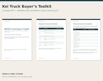 Op de afbeelding: Een digitale documentenset Kei Truck Buyer's Toolkit met een 15-pagina PDF en een bewerkbaar Excel-werkboek. De pagina's tonen tekst waaronder JDM Kei Truck Buyer's Toolkit, Body and structure worksheet en Total purchase-cost worksheet.