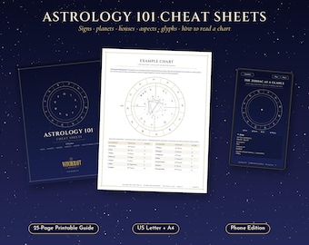 Hojas de referencia de astrología imprimibles, Aprende astrología para principiantes, Guía de carta natal, Signos del zodiaco, Planetas, Casas y aspectos, Glifos PDF
