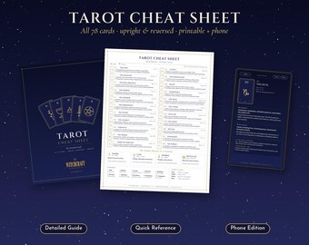 Guía rápida de tarot imprimible, significados de las 78 cartas en posición normal e invertida, guía de tarot para principiantes, tiradas, PDF para teléfono y tamaño carta/A4, luz y oscuridad.