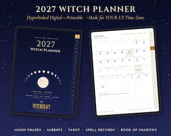 2027 Witch Planner Digital and Printable, Hyperlinked Pagan Planner, Moon Phase, Sabbat & Tarot Journal, Book of Shadows, US Time Zones