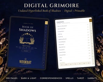 Digital Grimoire Book of Shadows, Undated Hyperlinked Witch Journal, Spell Book, Tarot & Moon Journal, Sabbats, Printable PDF + Stickers
