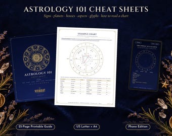 Astrology Cheat Sheets Printable, Learn Astrology for Beginners, Birth Chart Guide, Zodiac Signs, Planets, Houses & Aspects, Glyphs PDF