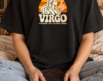 Camiseta de Virgo, Camiseta divertida del zodíaco Virgo, Camiseta retro de astrología con puesta de sol, Regalo de cumpleaños para Virgo, Camiseta del zodíaco de Comfort Colors