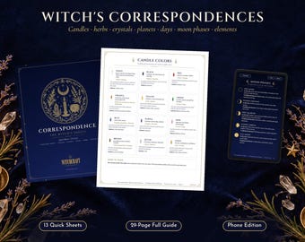Witch Correspondence Sheets Printable, Candle Colors, 40 Herbs & 40 Crystals, Planetary Hours, Moon Phases, Book of Shadows Pages PDF