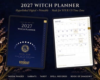2027 Witch Planner Digital and Printable, Hyperlinked Pagan Planner, Moon Phase, Sabbat & Tarot Journal, Book of Shadows, US Time Zones