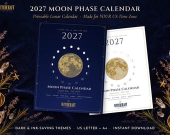 2027 Moon Phase Calendar, Lunar Eclipse, Sabbat, Witch (Digital Download)