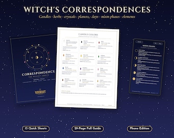 Hojas de correspondencia de brujas imprimibles, colores de velas, 40 hierbas y 40 cristales, horas planetarias, fases lunares, páginas del Libro de las Sombras en PDF