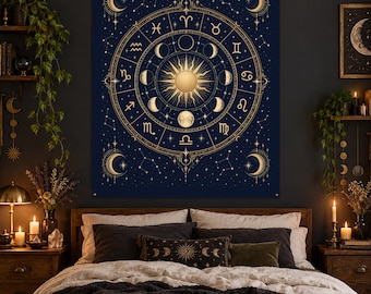 Tapiz del zodíaco, tapiz de pared con rueda astrológica de 50x60 cm, tapiz celestial con fases lunares y solares, decoración de dormitorio con temática de brujería, regalo de astrología