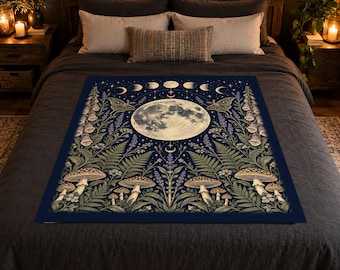 Manta de bruja, manta de terciopelo suave Jardín Lunar 50x60, manta de luna llena celestial, decoración cottagecore de polilla de hongo, regalo de bruja