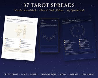 37 tiradas de tarot imprimibles, guía y diario de tiradas de tarot, cruz celta, amor, trabajo con la sombra, tiradas de la luna y del sabbat, PDF para teléfono, tarjetas de 5x7 pulgadas.